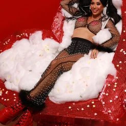 Hot & Delicious Black Bead Dresses & Sets Glamour Girl Pearl Studded Marabou Pants Set