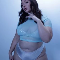 Bear Dance Shinin' In Silver Holographic Wrap Around Crop Top Clothing