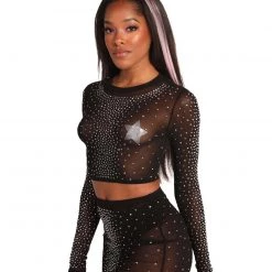 Hot & Delicious Black Bead Bling It On Rhinestone Crop Top Clothing