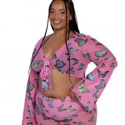 Cherry Mellow, Inc. Tops Butterfly Groove Mesh Front Tie Crop Top