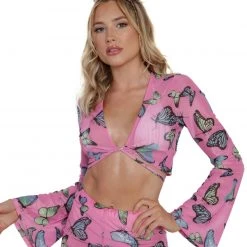 Cherry Mellow, Inc. Tops Butterfly Groove Mesh Front Tie Crop Top