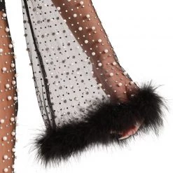 Hot & Delicious Black Bead Dresses & Sets Glamour Girl Pearl Studded Marabou Pants Set