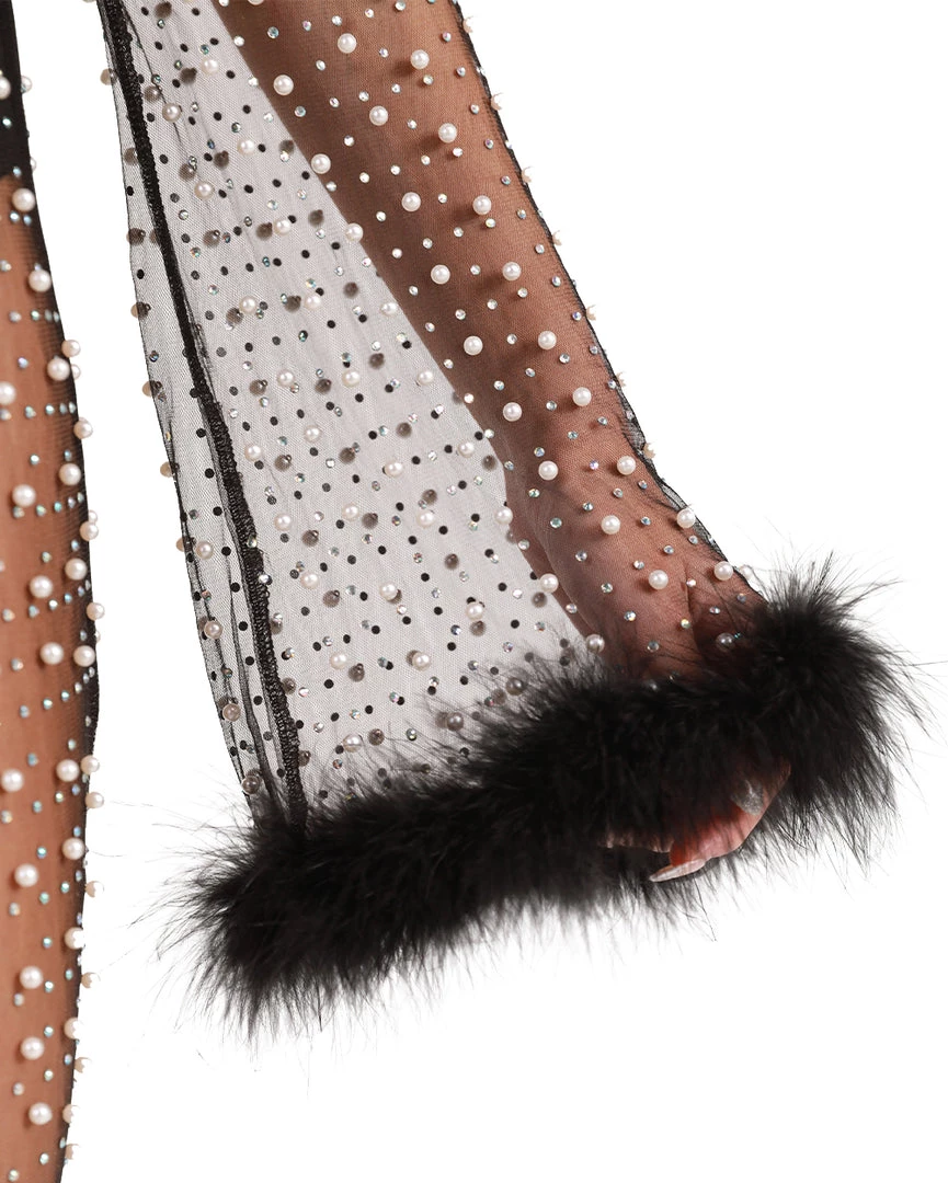 Hot & Delicious Black Bead Dresses & Sets Glamour Girl Pearl Studded Marabou Pants Set