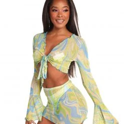 Hot & Delicious Black Bead Melting Point Tie Front Top Clothing