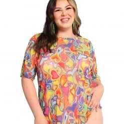 Rock & Rose Rainbow Groovy Hearts Mesh Oversized Tee New Arrivals