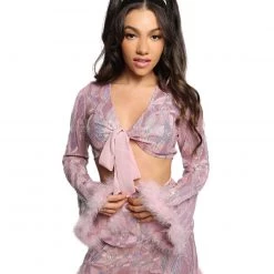 IHeartRaves Sequin Long Sleeve Tie Front Top And Skirt Set