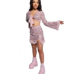 IHeartRaves Sequin Long Sleeve Tie Front Top And Skirt Set