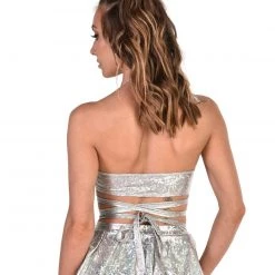 Bear Dance Shinin' In Silver Holographic Wrap Around Crop Top Clothing