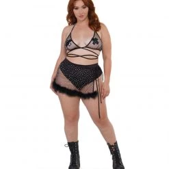 OhYes Midnight Sparkle Rhinestone Marabou Side Tie Mini Skirt Bottoms