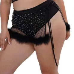 OhYes Midnight Sparkle Rhinestone Marabou Side Tie Mini Skirt Bottoms