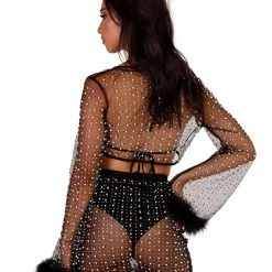 Hot & Delicious Black Bead New Arrivals Glamour Girl Pearl Studded Marabou Skirt Set