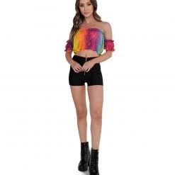 Hot & Delicious Black Bead Rainbow Sunrise Ruffled Crop Top